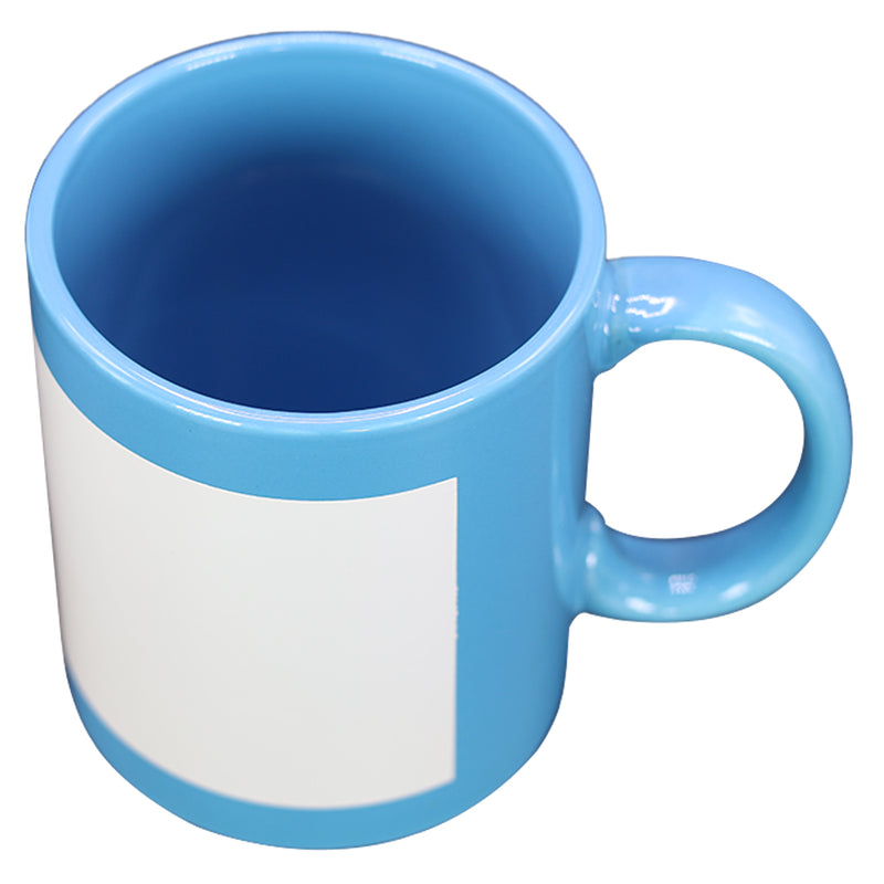 TAZA CELESTE CON CUADRO BLANCO